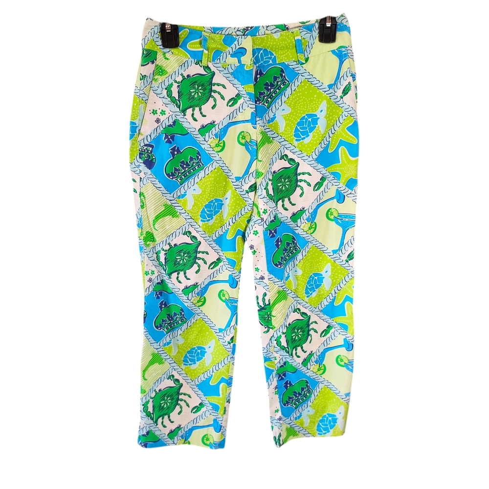 Lilly Pulitzer Green White Starfish Crabs Turtle Cocktail Capri Pants Sz 0